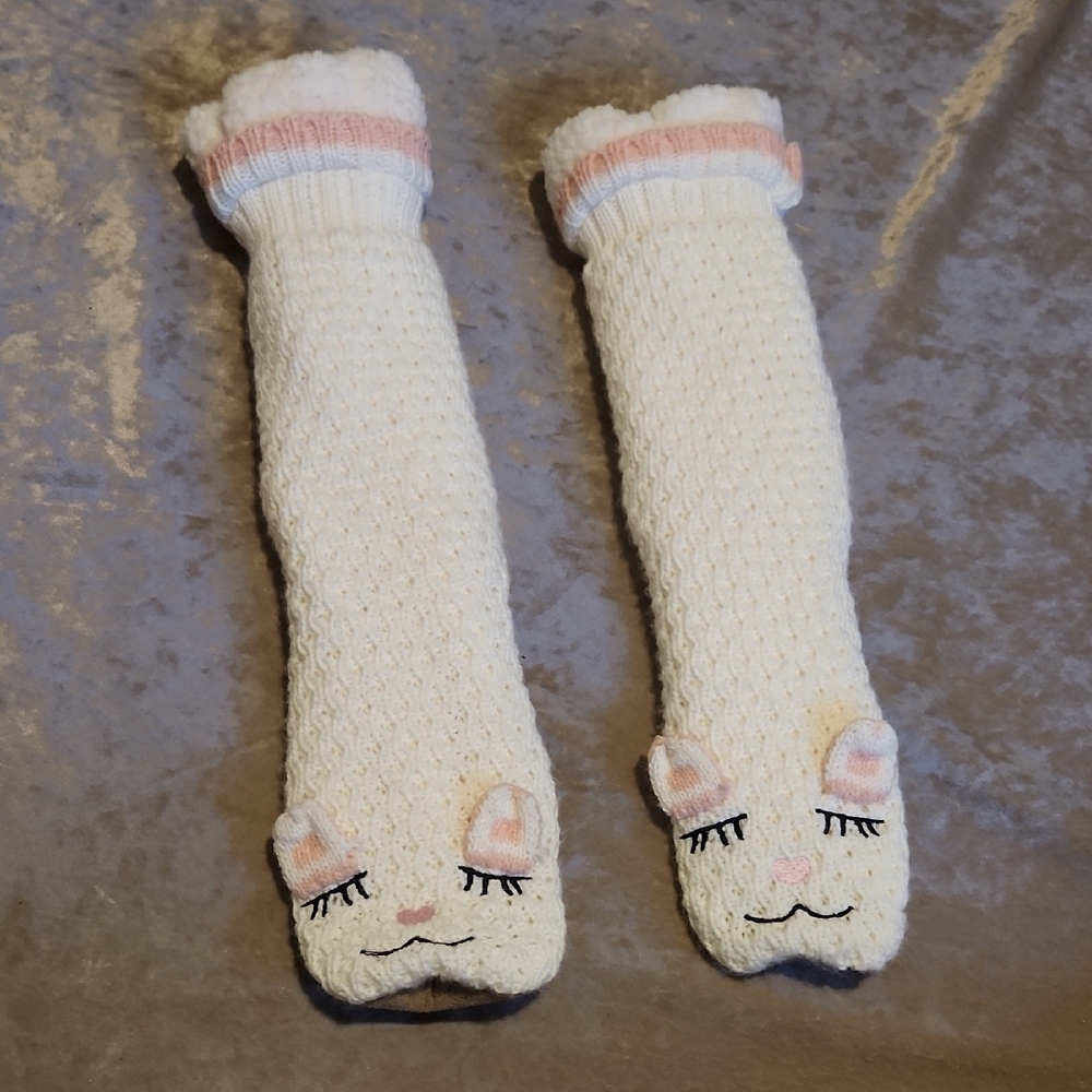 Adorable White and Pink Kids Animal Sock Slippers Sz 7
